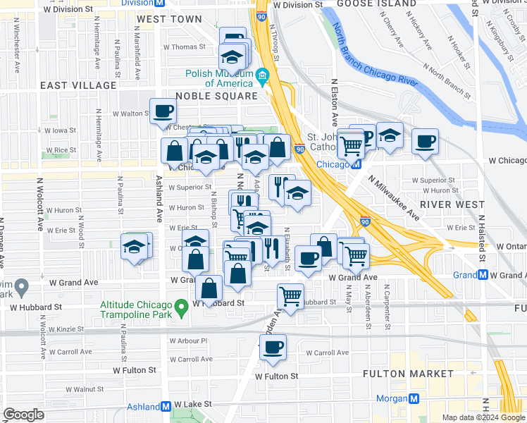 map of restaurants, bars, coffee shops, grocery stores, and more near 1348 West Erie Street in Chicago