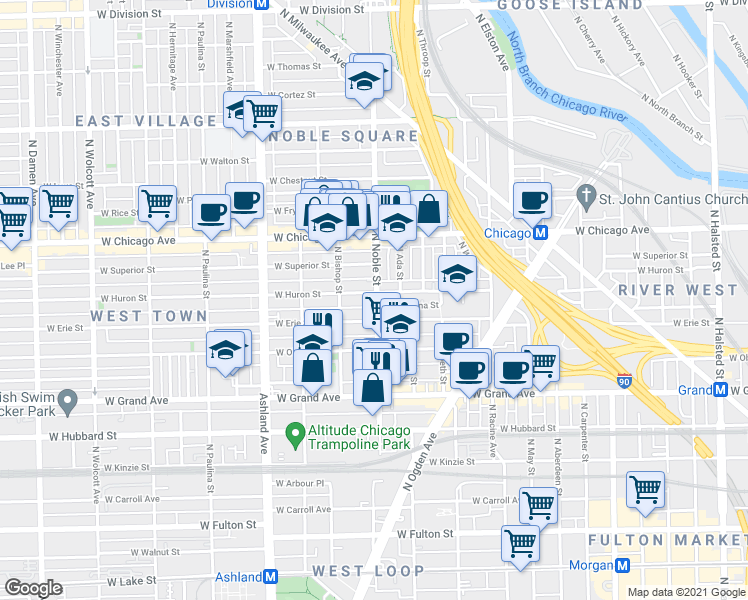 map of restaurants, bars, coffee shops, grocery stores, and more near 1416 West Erie Street in Chicago
