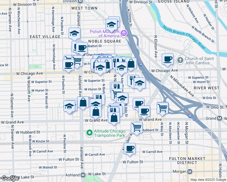 map of restaurants, bars, coffee shops, grocery stores, and more near 1416 West Erie Street in Chicago