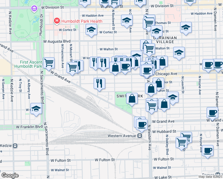 map of restaurants, bars, coffee shops, grocery stores, and more near 2526 West Grand Avenue in Chicago