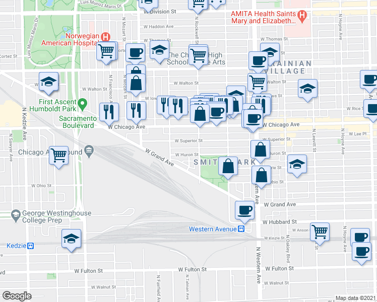 map of restaurants, bars, coffee shops, grocery stores, and more near 2631 West Huron Street in Chicago
