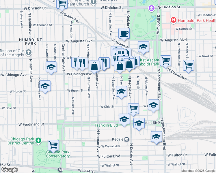 map of restaurants, bars, coffee shops, grocery stores, and more near 656 North Spaulding Avenue in Chicago