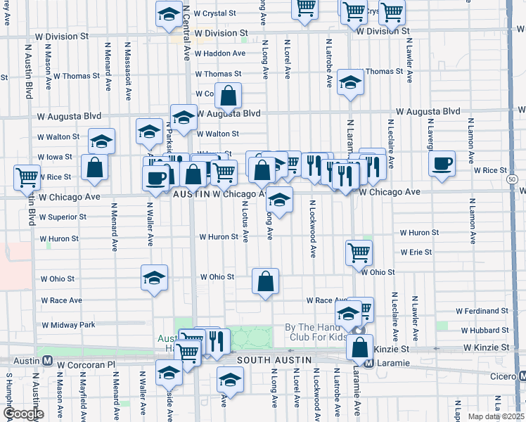 map of restaurants, bars, coffee shops, grocery stores, and more near 714 North Long Avenue in Chicago