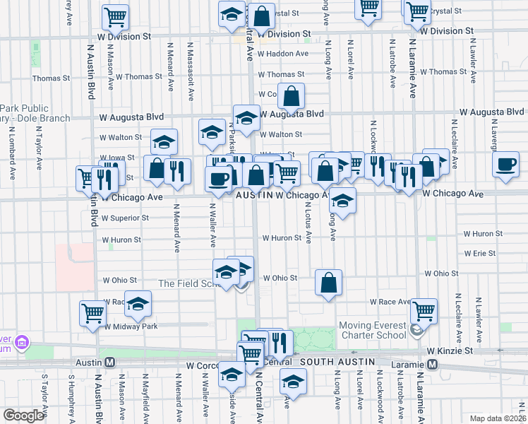map of restaurants, bars, coffee shops, grocery stores, and more near 715 North Central Avenue in Chicago