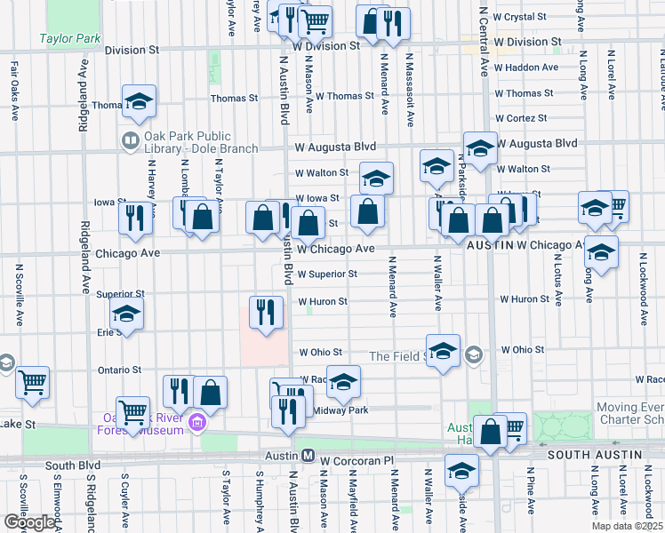 map of restaurants, bars, coffee shops, grocery stores, and more near 720 North Mayfield Avenue in Chicago