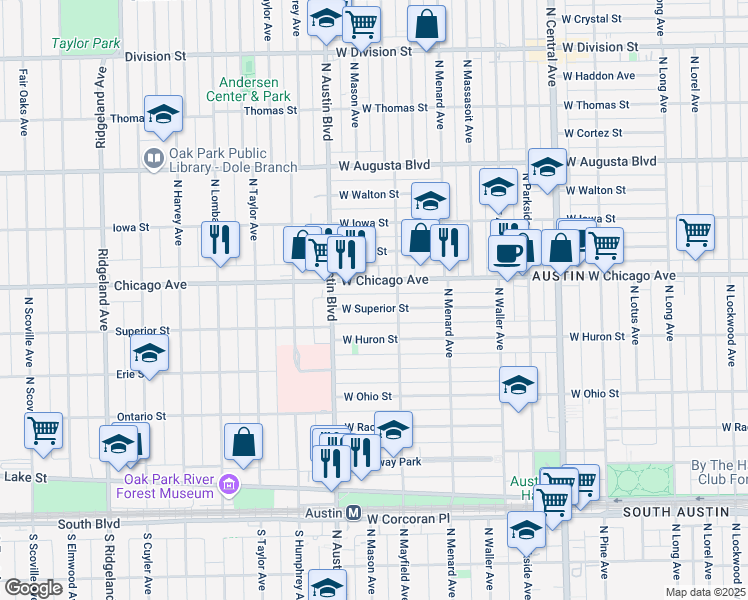 map of restaurants, bars, coffee shops, grocery stores, and more near 5947 West Superior Street in Chicago