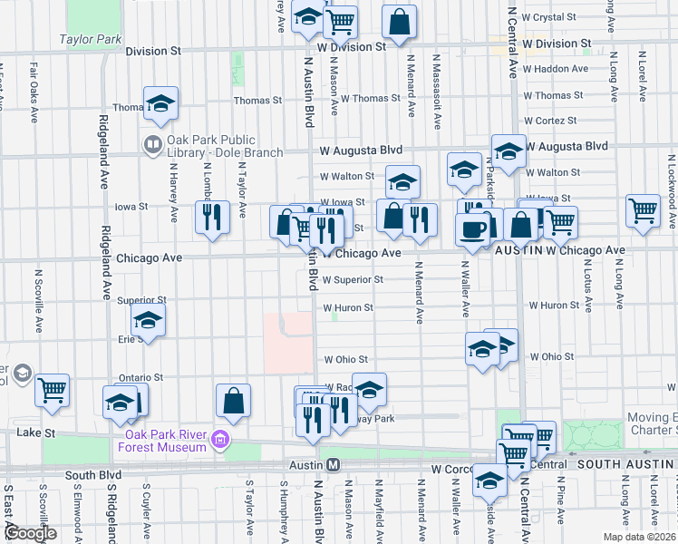 map of restaurants, bars, coffee shops, grocery stores, and more near 5947 West Superior Street in Chicago