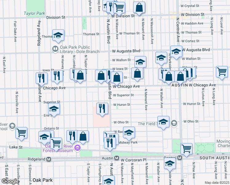 map of restaurants, bars, coffee shops, grocery stores, and more near 5947 West Superior Street in Chicago