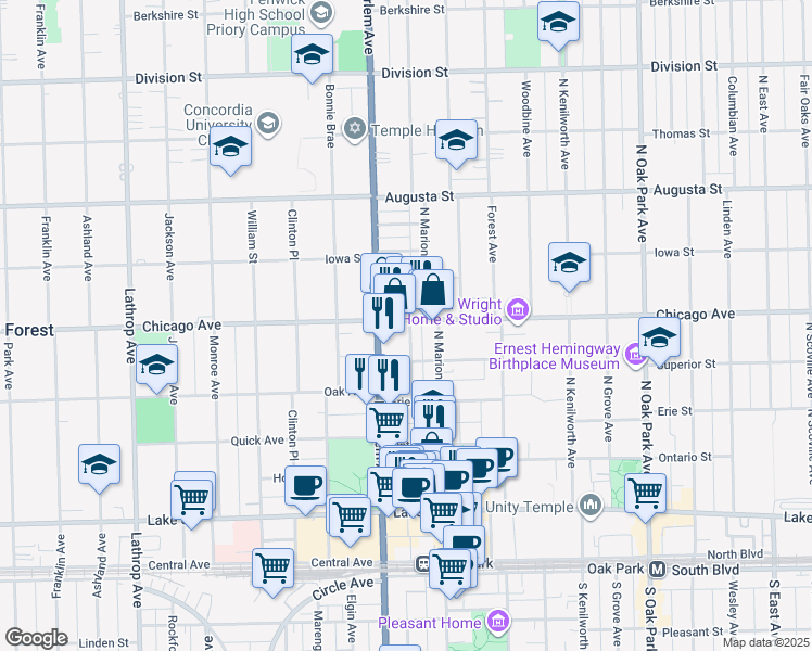 map of restaurants, bars, coffee shops, grocery stores, and more near 411 North Maple Avenue in Oak Park