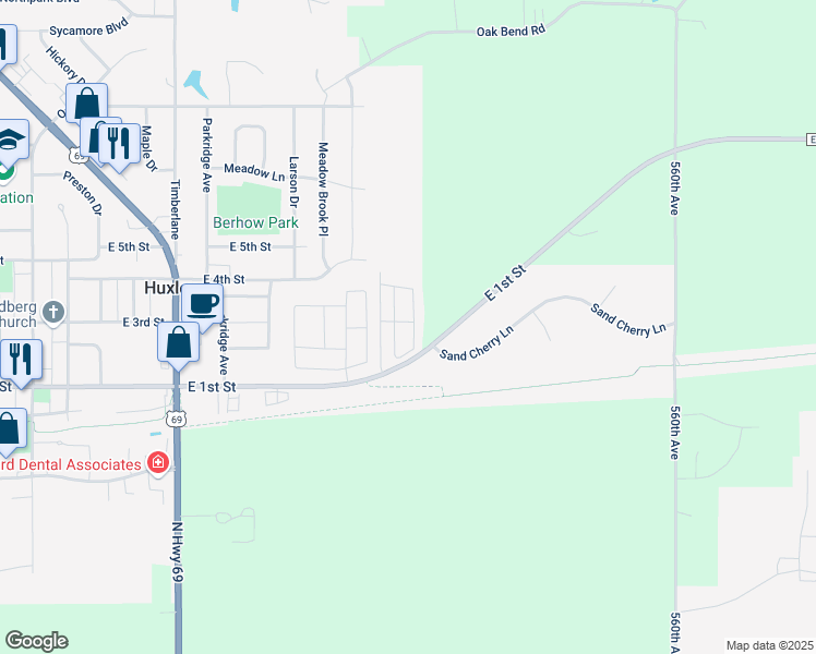 map of restaurants, bars, coffee shops, grocery stores, and more near 1098 Sand Cherry Lane in Huxley