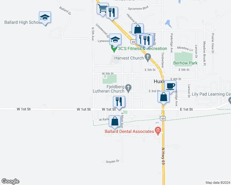 map of restaurants, bars, coffee shops, grocery stores, and more near 201 North 3rd Avenue in Huxley