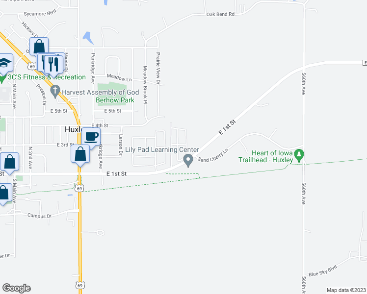 map of restaurants, bars, coffee shops, grocery stores, and more near 100 Deerwood Drive in Huxley