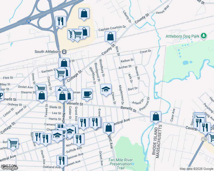 map of restaurants, bars, coffee shops, grocery stores, and more near 97 Woodbury Street in Pawtucket