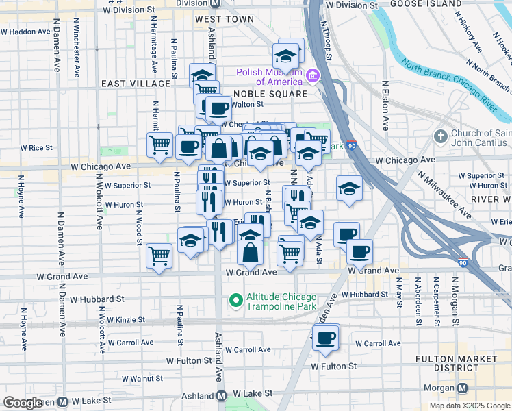 map of restaurants, bars, coffee shops, grocery stores, and more near 1463 West Huron Street in Chicago