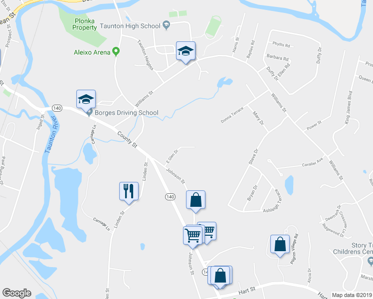 map of restaurants, bars, coffee shops, grocery stores, and more near 73 East Glen Drive in Taunton