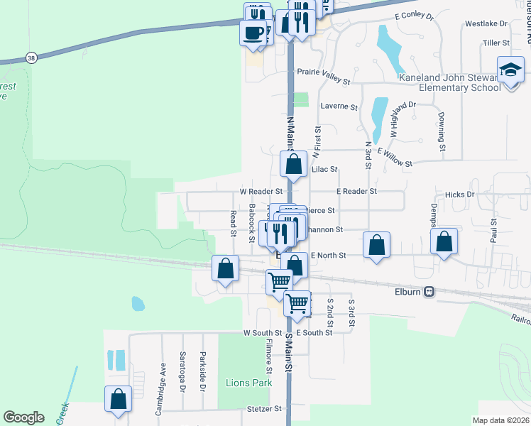 map of restaurants, bars, coffee shops, grocery stores, and more near 205 West Pierce Street in Elburn