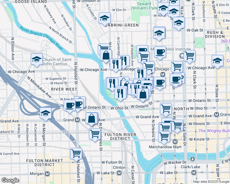 map of restaurants, bars, coffee shops, grocery stores, and more near 658 North Kingsbury Street in Chicago