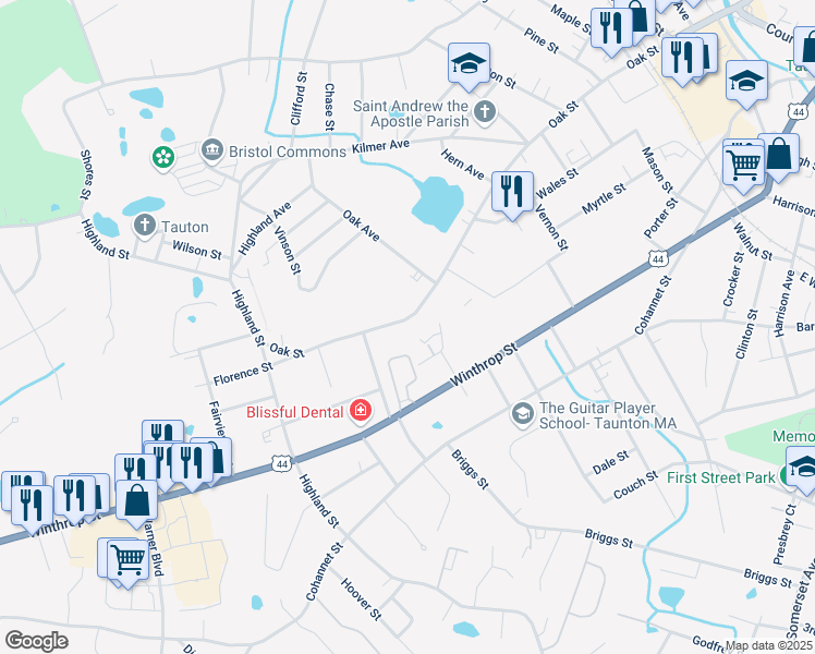map of restaurants, bars, coffee shops, grocery stores, and more near 138 Oak Street in Taunton