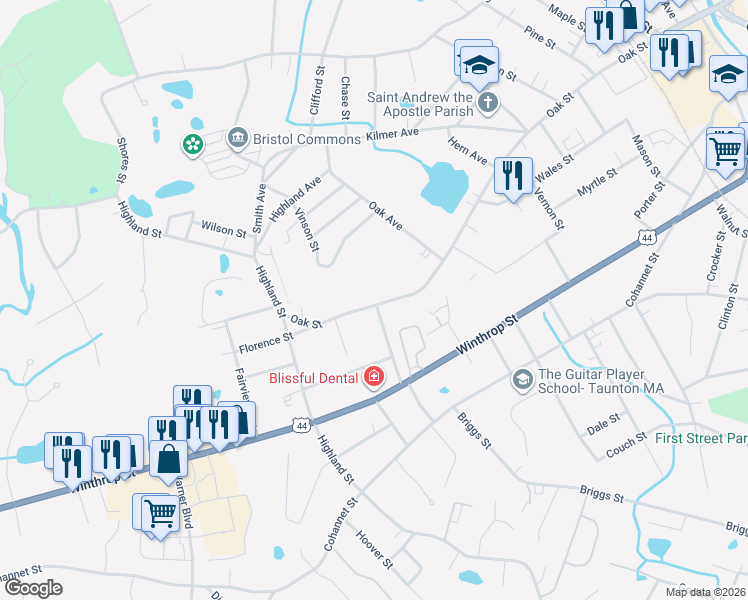 map of restaurants, bars, coffee shops, grocery stores, and more near 50 Anderson Street in Taunton