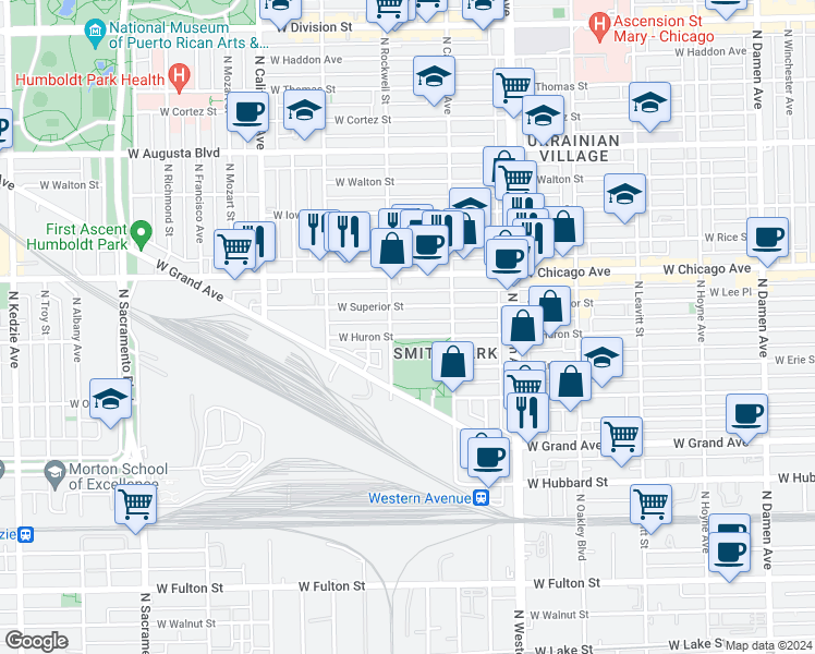 map of restaurants, bars, coffee shops, grocery stores, and more near 2544 West Huron Street in Chicago