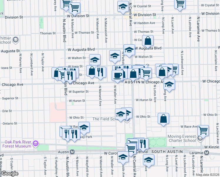 map of restaurants, bars, coffee shops, grocery stores, and more near 5718 West Superior Street in Chicago