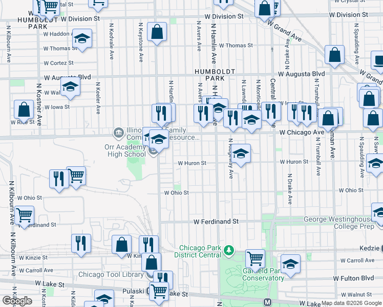map of restaurants, bars, coffee shops, grocery stores, and more near 3847 West Huron Street in Chicago