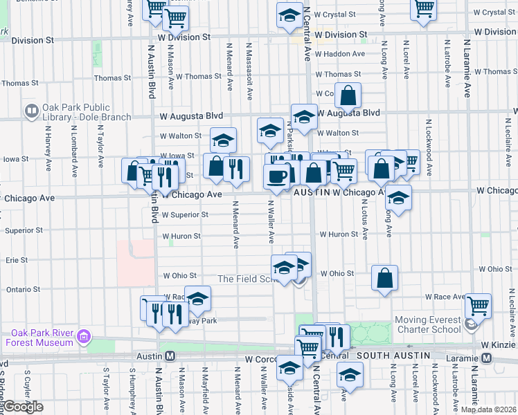 map of restaurants, bars, coffee shops, grocery stores, and more near 5703 West Superior Street in Chicago