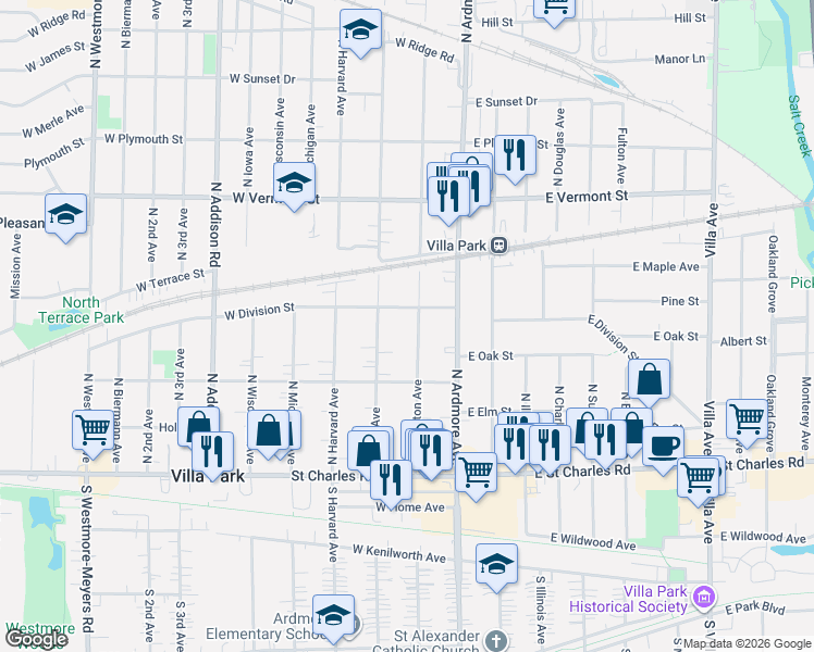 map of restaurants, bars, coffee shops, grocery stores, and more near 228 North Princeton Avenue in Villa Park