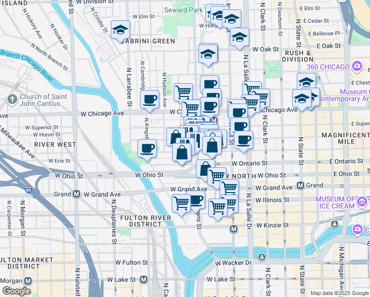 map of restaurants, bars, coffee shops, grocery stores, and more near 360 West Erie Street in Chicago