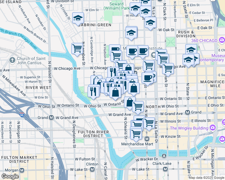 map of restaurants, bars, coffee shops, grocery stores, and more near 416 West Ontario Street in Chicago