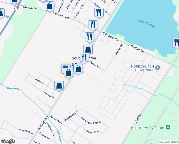 map of restaurants, bars, coffee shops, grocery stores, and more near 6112 Greenwycke Lane in Monroe