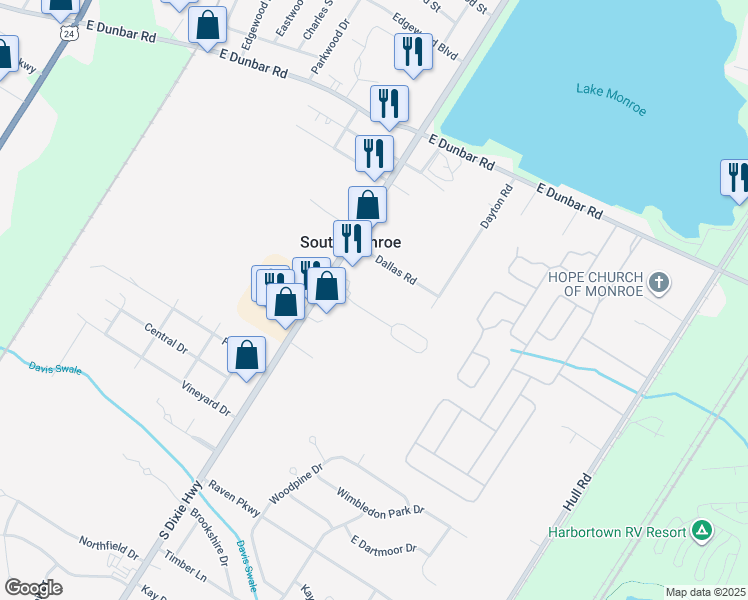 map of restaurants, bars, coffee shops, grocery stores, and more near 6112 Greenwycke Lane in Monroe