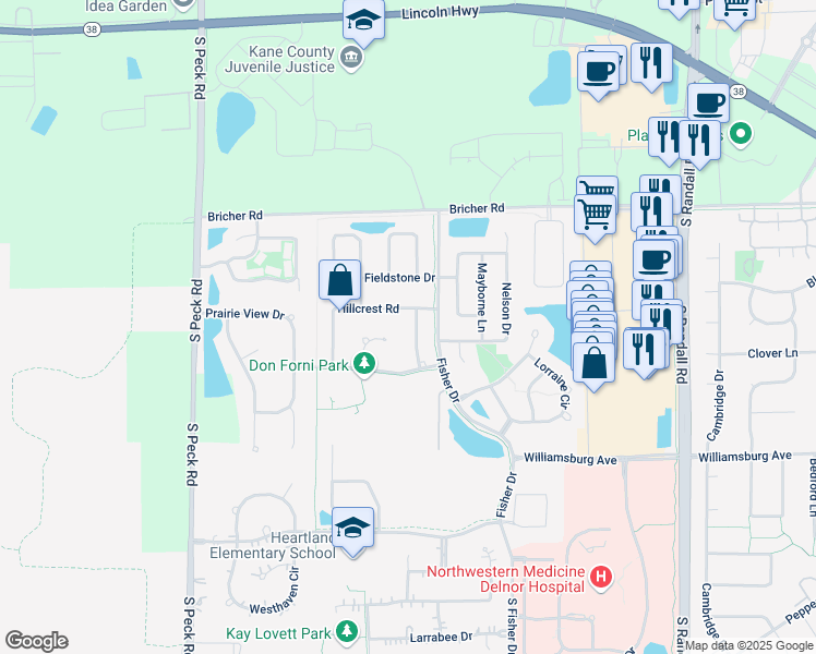map of restaurants, bars, coffee shops, grocery stores, and more near 412 Bluegrass Lane in Geneva