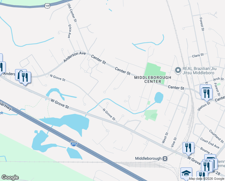 map of restaurants, bars, coffee shops, grocery stores, and more near 13 Lewis Gordan Circle in Middleborough
