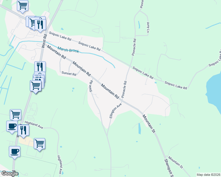 map of restaurants, bars, coffee shops, grocery stores, and more near 221 Mountain Road in Ellington