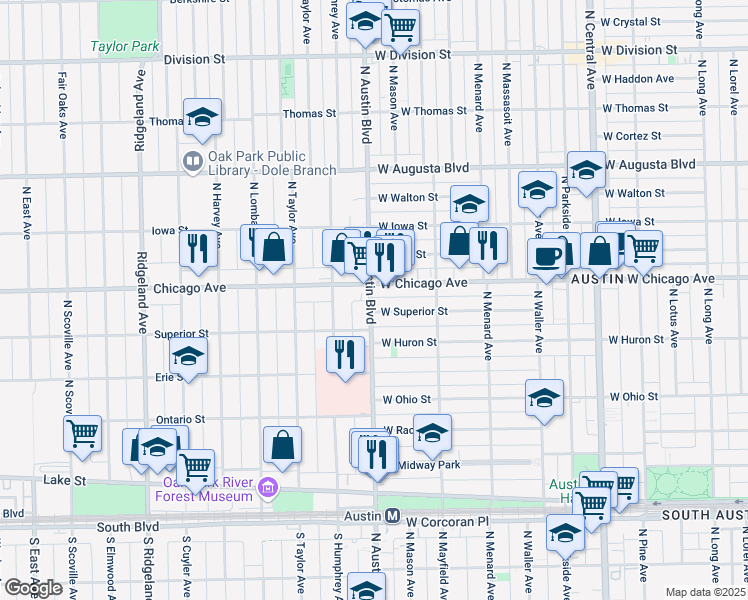 map of restaurants, bars, coffee shops, grocery stores, and more near 749 North Austin Boulevard in Oak Park