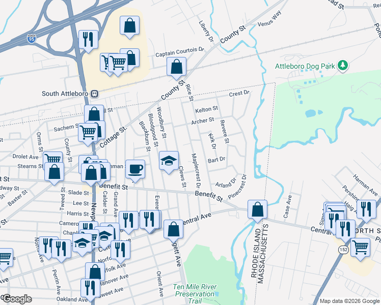 map of restaurants, bars, coffee shops, grocery stores, and more near 14 Don Court in Pawtucket