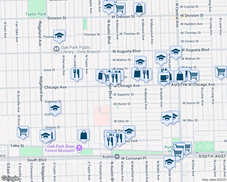 map of restaurants, bars, coffee shops, grocery stores, and more near 749 North Austin Boulevard in Oak Park