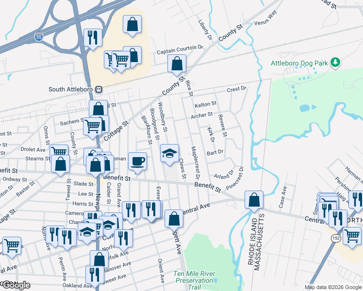 map of restaurants, bars, coffee shops, grocery stores, and more near 14 Don Court in Pawtucket