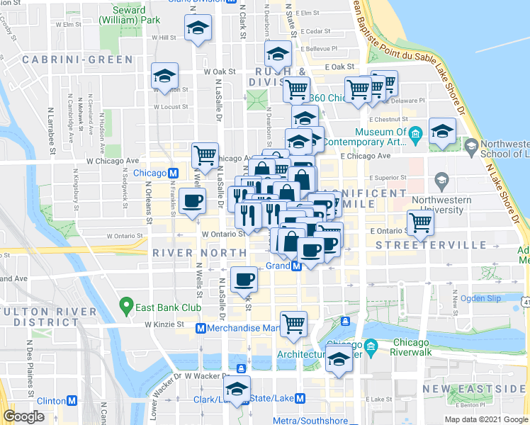 map of restaurants, bars, coffee shops, grocery stores, and more near in Chicago