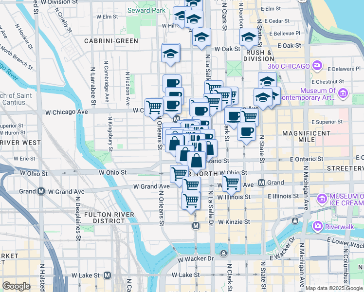map of restaurants, bars, coffee shops, grocery stores, and more near 634 North Wells Street in Chicago