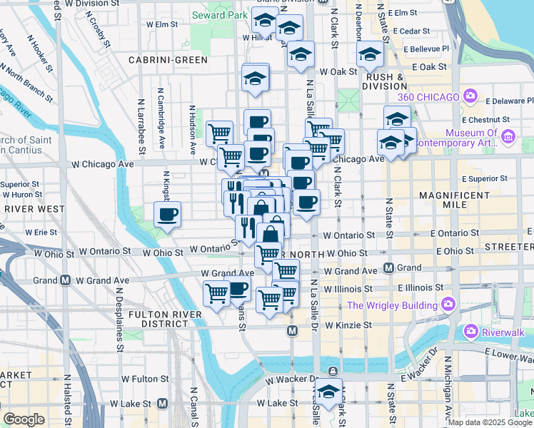 map of restaurants, bars, coffee shops, grocery stores, and more near in Chicago