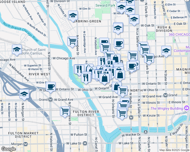 map of restaurants, bars, coffee shops, grocery stores, and more near 435 West Erie Street in Chicago