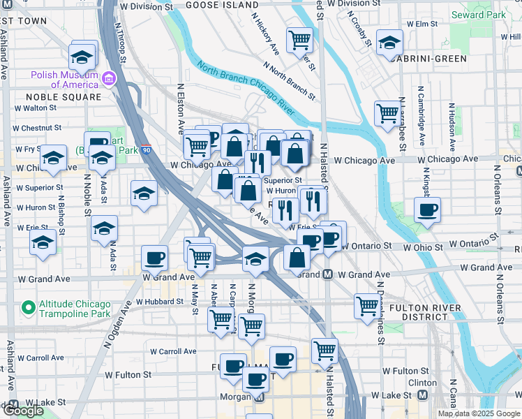 map of restaurants, bars, coffee shops, grocery stores, and more near 649 North Milwaukee Avenue in Chicago