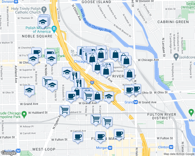 map of restaurants, bars, coffee shops, grocery stores, and more near 646 North Carpenter Street in Chicago