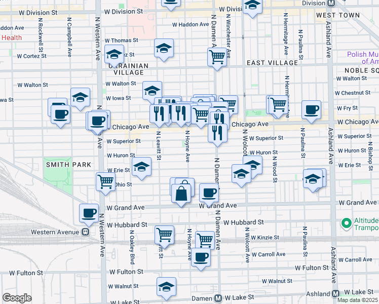 map of restaurants, bars, coffee shops, grocery stores, and more near 643 North Hoyne Avenue in Chicago