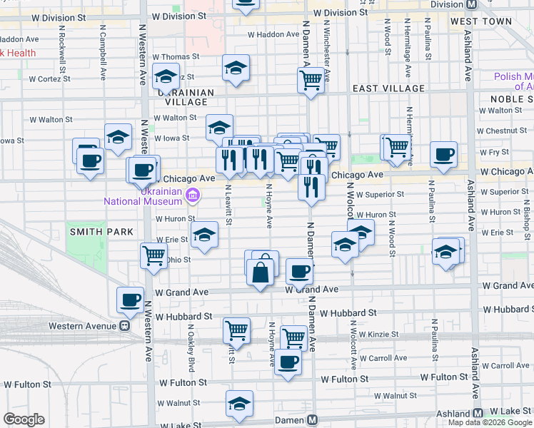map of restaurants, bars, coffee shops, grocery stores, and more near 643 North Hoyne Avenue in Chicago