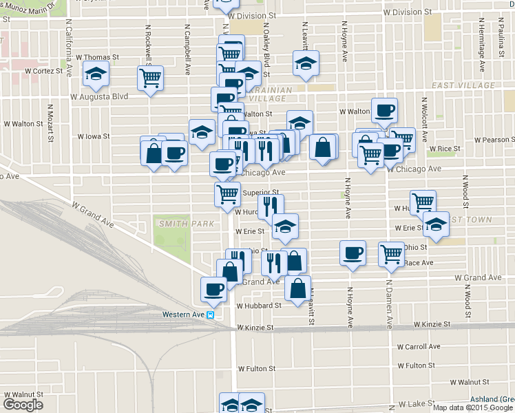 map of restaurants, bars, coffee shops, grocery stores, and more near 2327 West Huron Street in Chicago