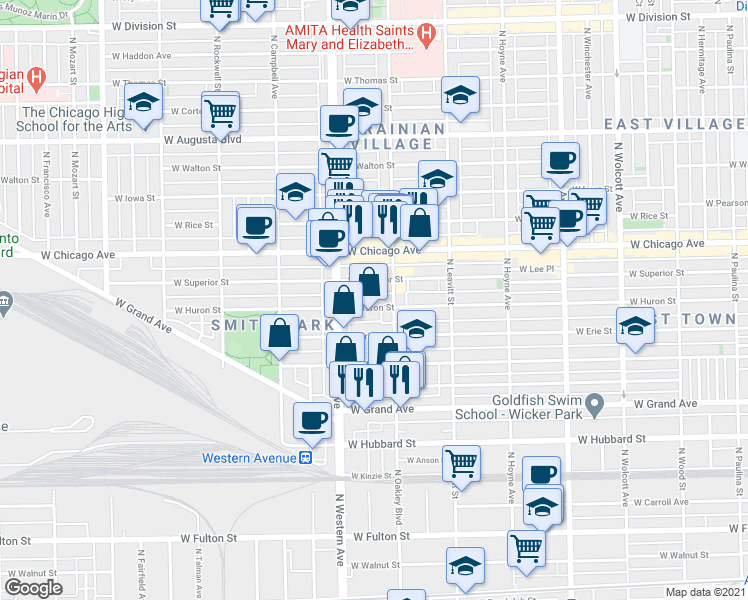 map of restaurants, bars, coffee shops, grocery stores, and more near 2329 West Huron Street in Chicago