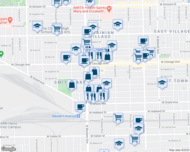 map of restaurants, bars, coffee shops, grocery stores, and more near 2329 West Huron Street in Chicago